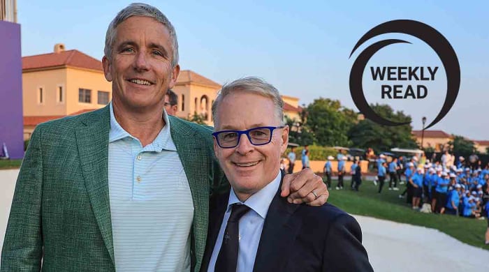 PGA Tour commissioner and DP World Tour CEO Keith Pelley are pictured at the 2023 DP World Tour Championship in Dubai, United Arab Emirates.